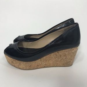 Jimmy Choo black patent peep toe cork wedge heel